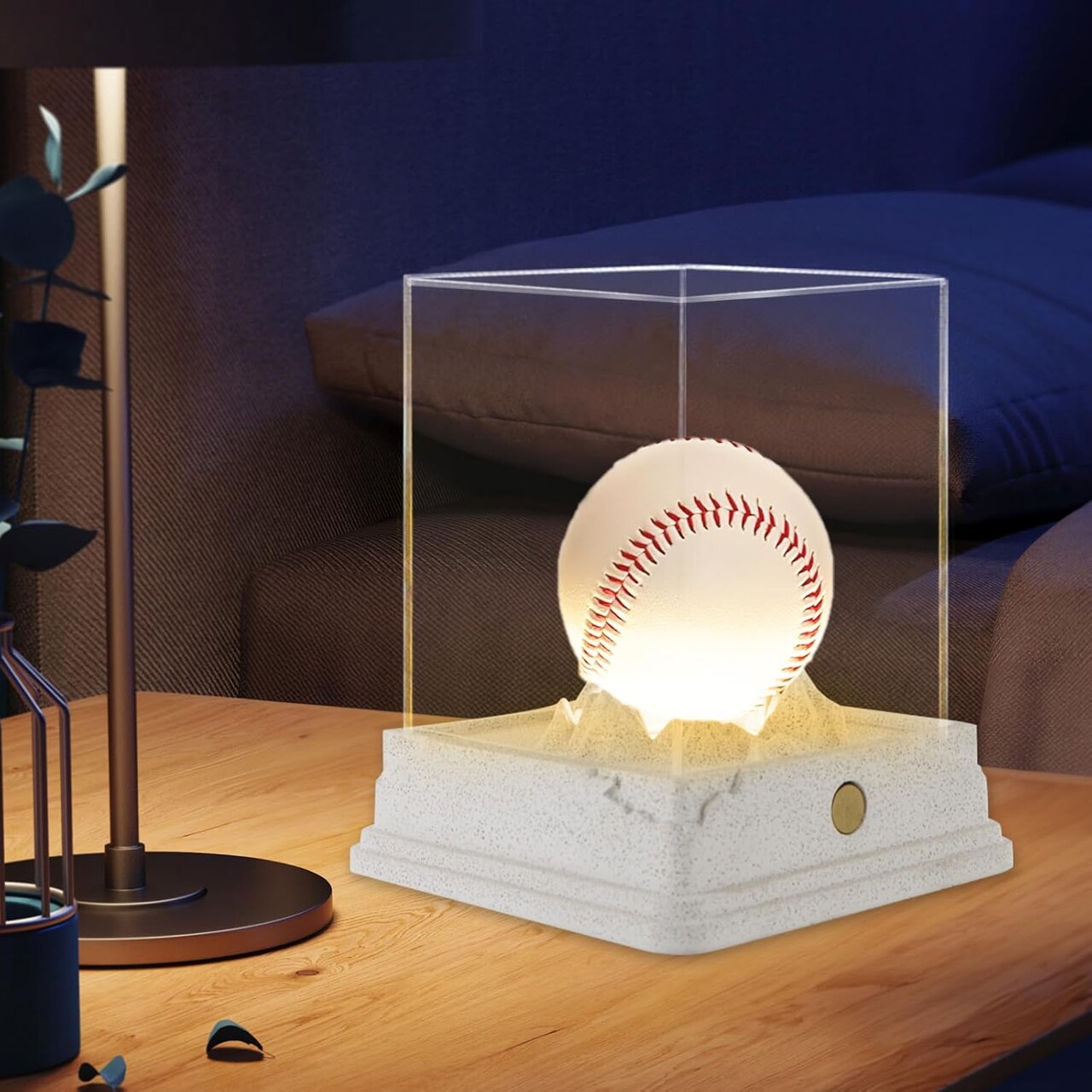 Baseball Display Case with LED Light, Rechargeable 3-Color Dimmable Lighting (3000K-6000K) with UV Protection & Weighted Concrete Base, Memorabilia Stand for Softball, Tennis, Golf